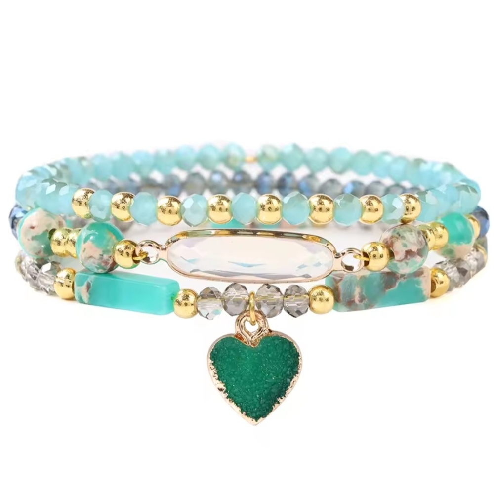 Elegant Green and Gold Hand Beaded Bracelet Set.